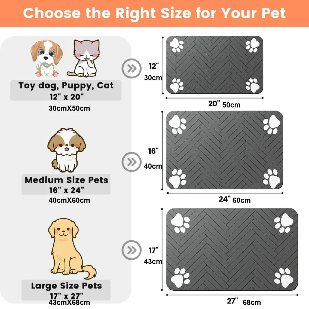 Absorbent Quick-Dry Pet Feeding Mat for Dogs and Cats with Non-Slip Rubber Base and Dark Polyester Surface for Indoor Use