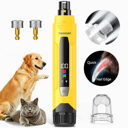 TIKOCAT Ultra Quiet Electric Pet Nail Grinder with LED Lights - Safe and Stress-Free Grooming Tool for Dogs and Cats of All Breeds and Sizes, featuring 3 Grinding Bits, 6 Speed Settings, Rechargeable Design, and Dust Cup (Yellow)