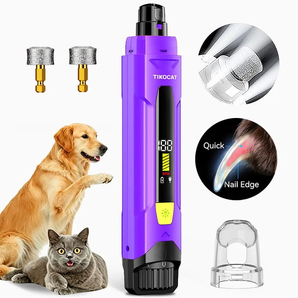 TIKOCAT Ultra Quiet Electric Pet Nail Grinder with LED Lights - Safe and Stress-Free Grooming Tool for Dogs and Cats of All Breeds and Sizes, featuring 3 Grinding Bits, 6 Speed Settings, Rechargeable Design, and Dust Cup (Yellow)