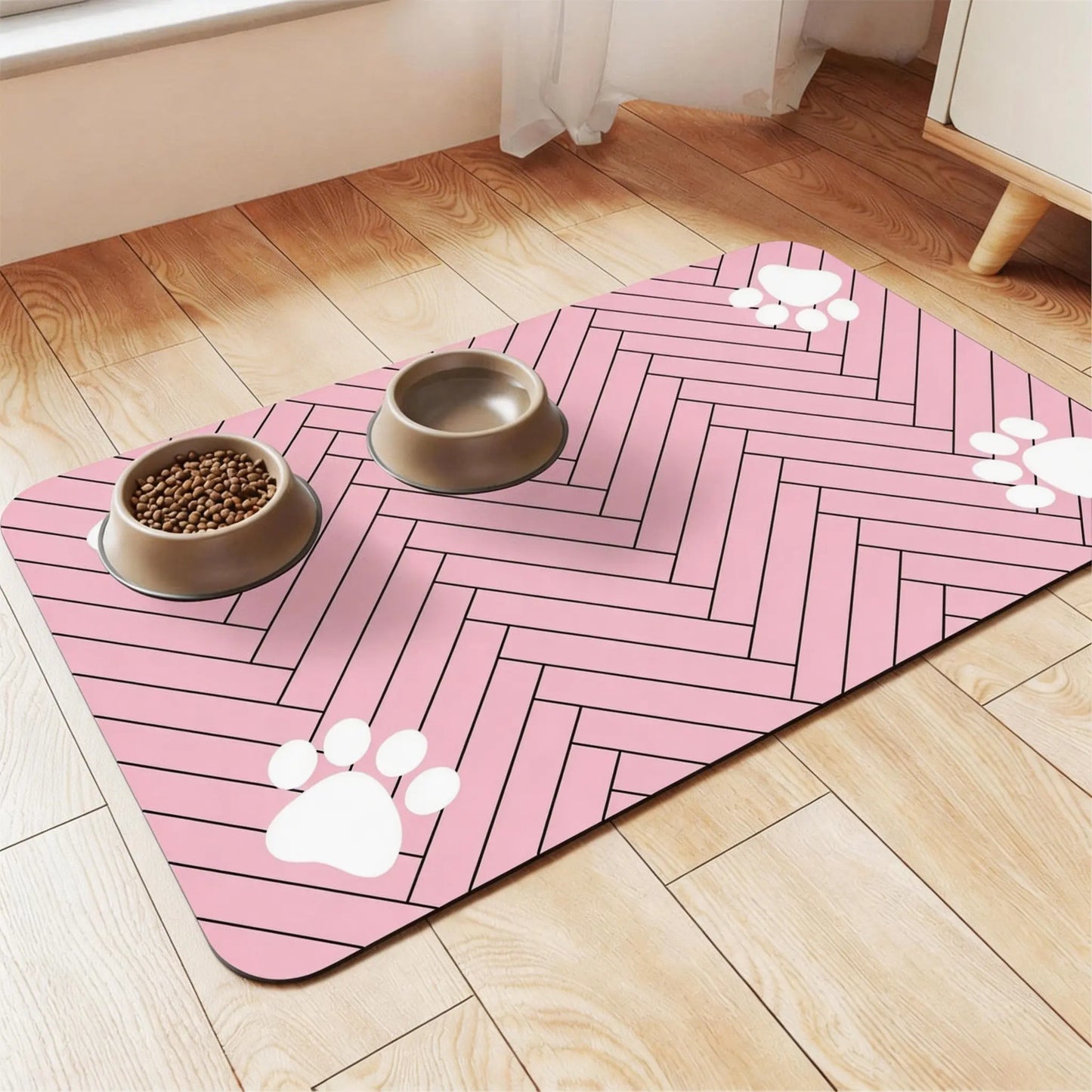 Absorbent Quick-Dry Pet Feeding Mat for Dogs and Cats with Non-Slip Rubber Base and Dark Polyester Surface for Indoor Use