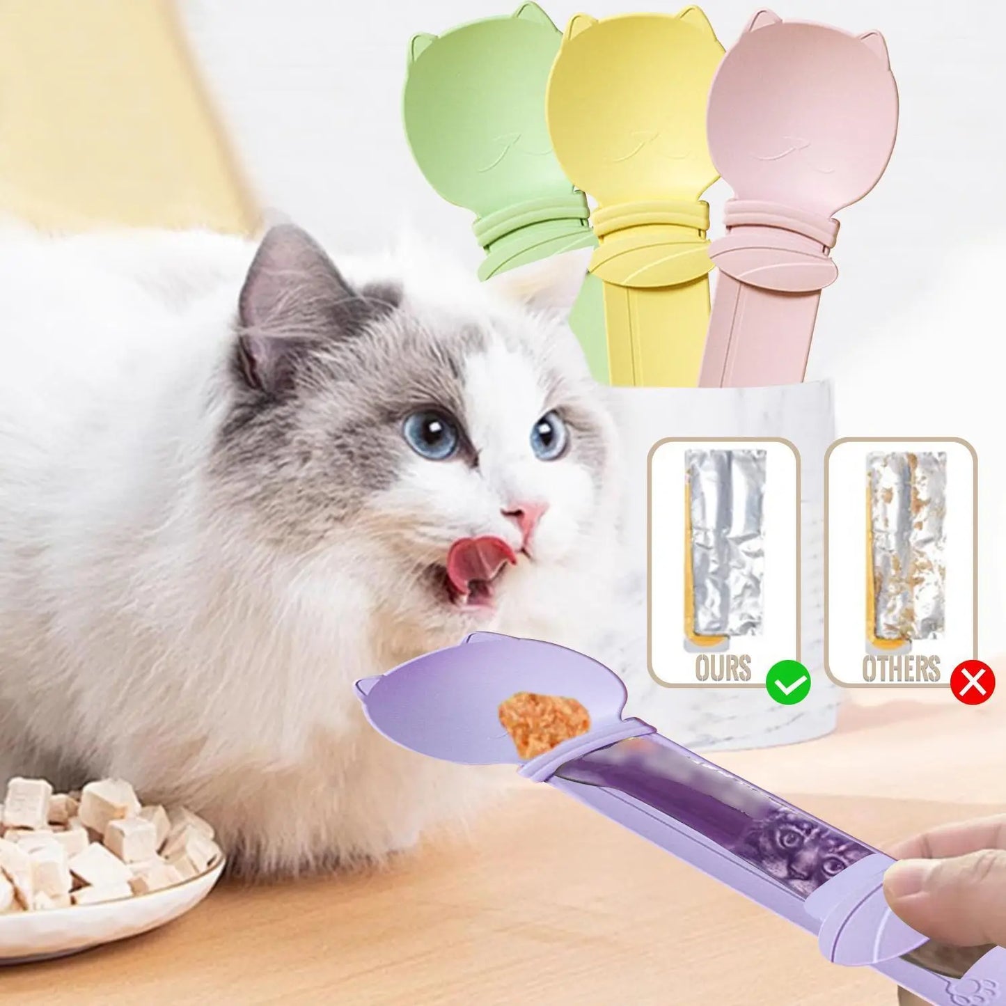 Multifunctional Cat Treat Spoon Dispenser Set - 4 Count for Wet Food, Licky Treats, and Puree Tubes with Extended Handle for Easy Feeding and Storage