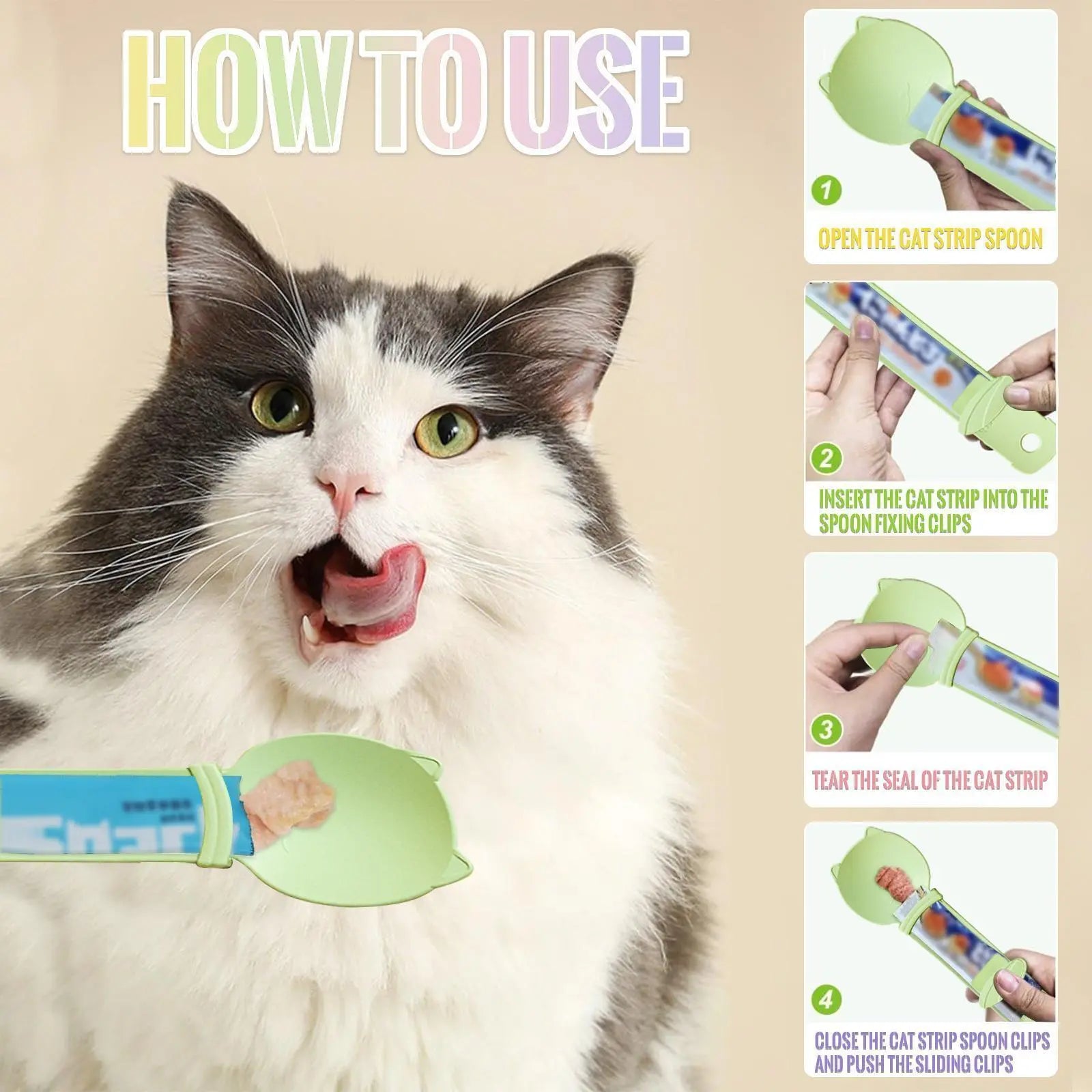 Multifunctional Cat Treat Spoon Dispenser Set - 4 Count for Wet Food, Licky Treats, and Puree Tubes with Extended Handle for Easy Feeding and Storage