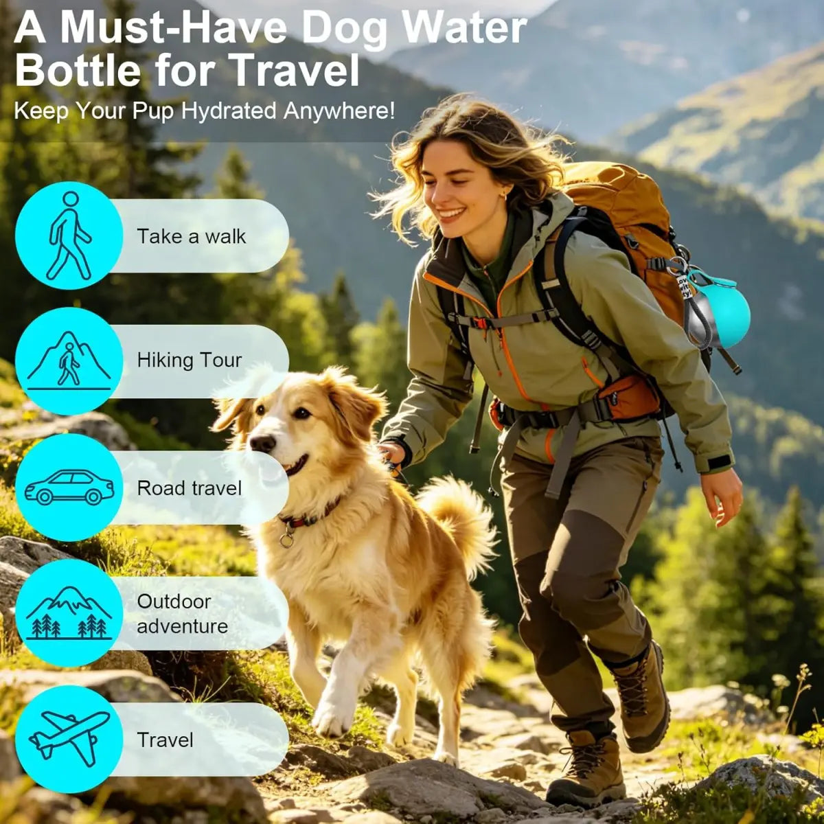 Portable 2-In-1 Dog Water Bottle with Stainless Steel Dispenser and Silicone Bowl - 10oz Leak-Proof Design for Travel, Hiking, and Walking