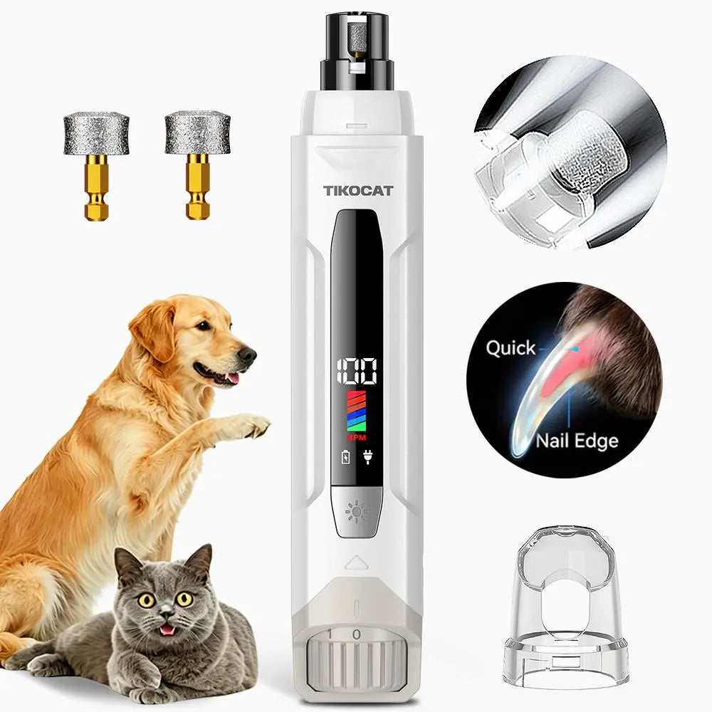 TIKOCAT Ultra Quiet Electric Pet Nail Grinder with LED Lights - Safe and Stress-Free Grooming Tool for Dogs and Cats of All Breeds and Sizes, featuring 3 Grinding Bits, 6 Speed Settings, Rechargeable Design, and Dust Cup (Yellow)