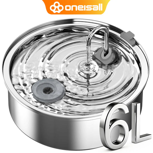 Oneisall Stainless Steel Dog Water Fountain for Large Dogs - 6L Capacity, 3 Filters, Ultra Quiet Operation, Wide Drinking Area for Multiple Pets