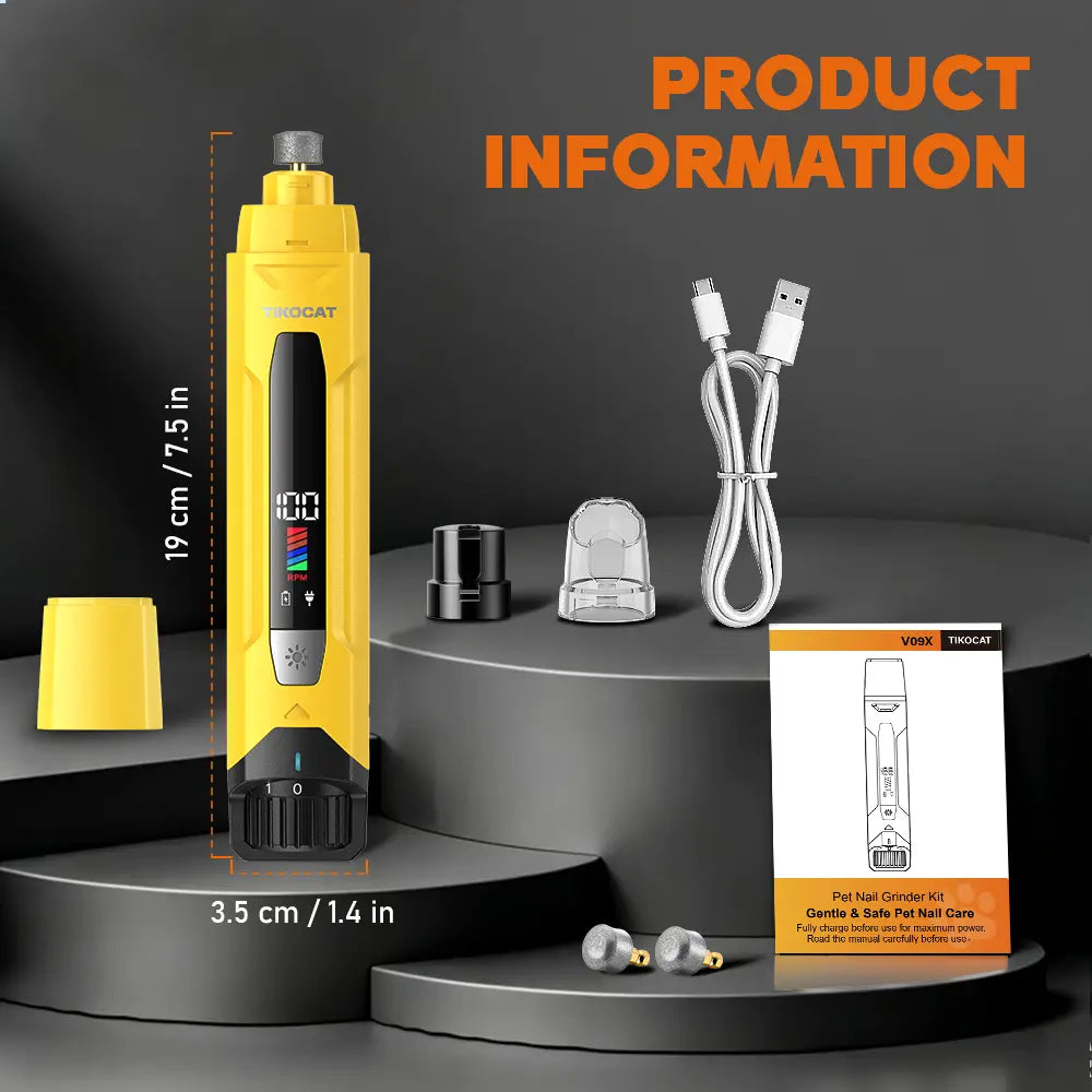 TIKOCAT Ultra Quiet Electric Pet Nail Grinder with LED Lights - Safe and Stress-Free Grooming Tool for Dogs and Cats of All Breeds and Sizes, featuring 3 Grinding Bits, 6 Speed Settings, Rechargeable Design, and Dust Cup (Yellow)