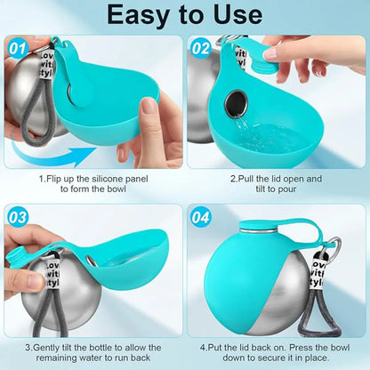Portable 2-In-1 Dog Water Bottle with Stainless Steel Dispenser and Silicone Bowl - 10oz Leak-Proof Design for Travel, Hiking, and Walking