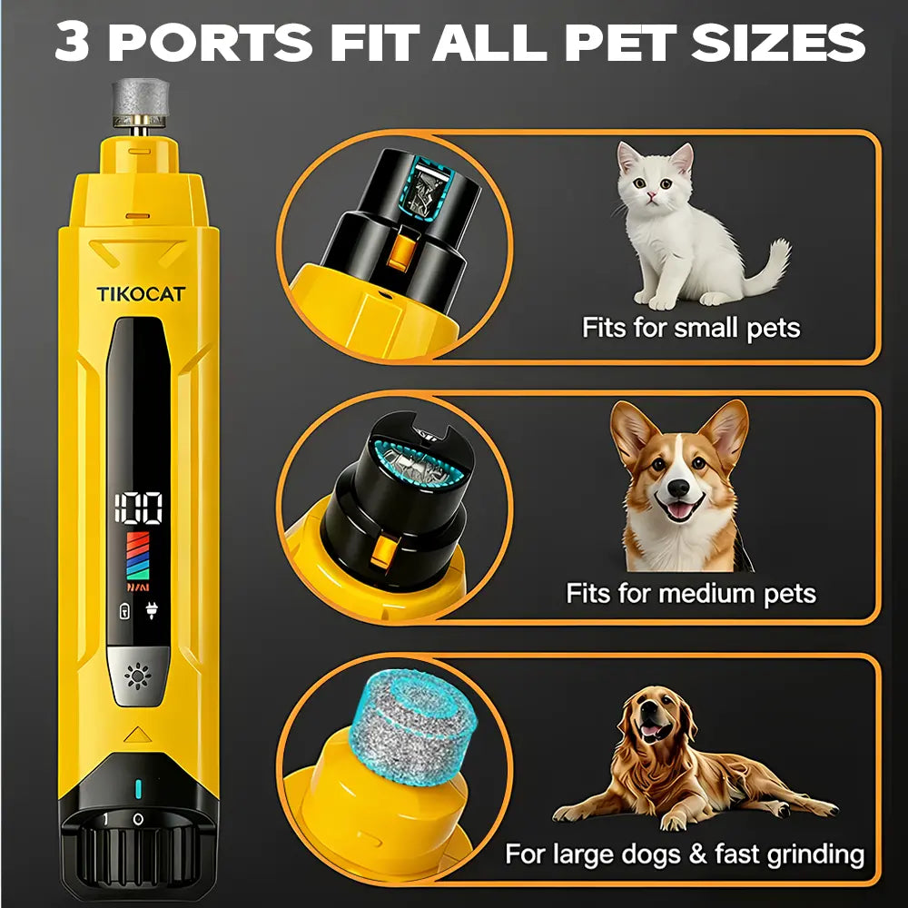 TIKOCAT Ultra Quiet Electric Pet Nail Grinder with LED Lights - Safe and Stress-Free Grooming Tool for Dogs and Cats of All Breeds and Sizes, featuring 3 Grinding Bits, 6 Speed Settings, Rechargeable Design, and Dust Cup (Yellow)
