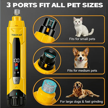 TIKOCAT Ultra Quiet Electric Pet Nail Grinder with LED Lights - Safe and Stress-Free Grooming Tool for Dogs and Cats of All Breeds and Sizes, featuring 3 Grinding Bits, 6 Speed Settings, Rechargeable Design, and Dust Cup (Yellow)