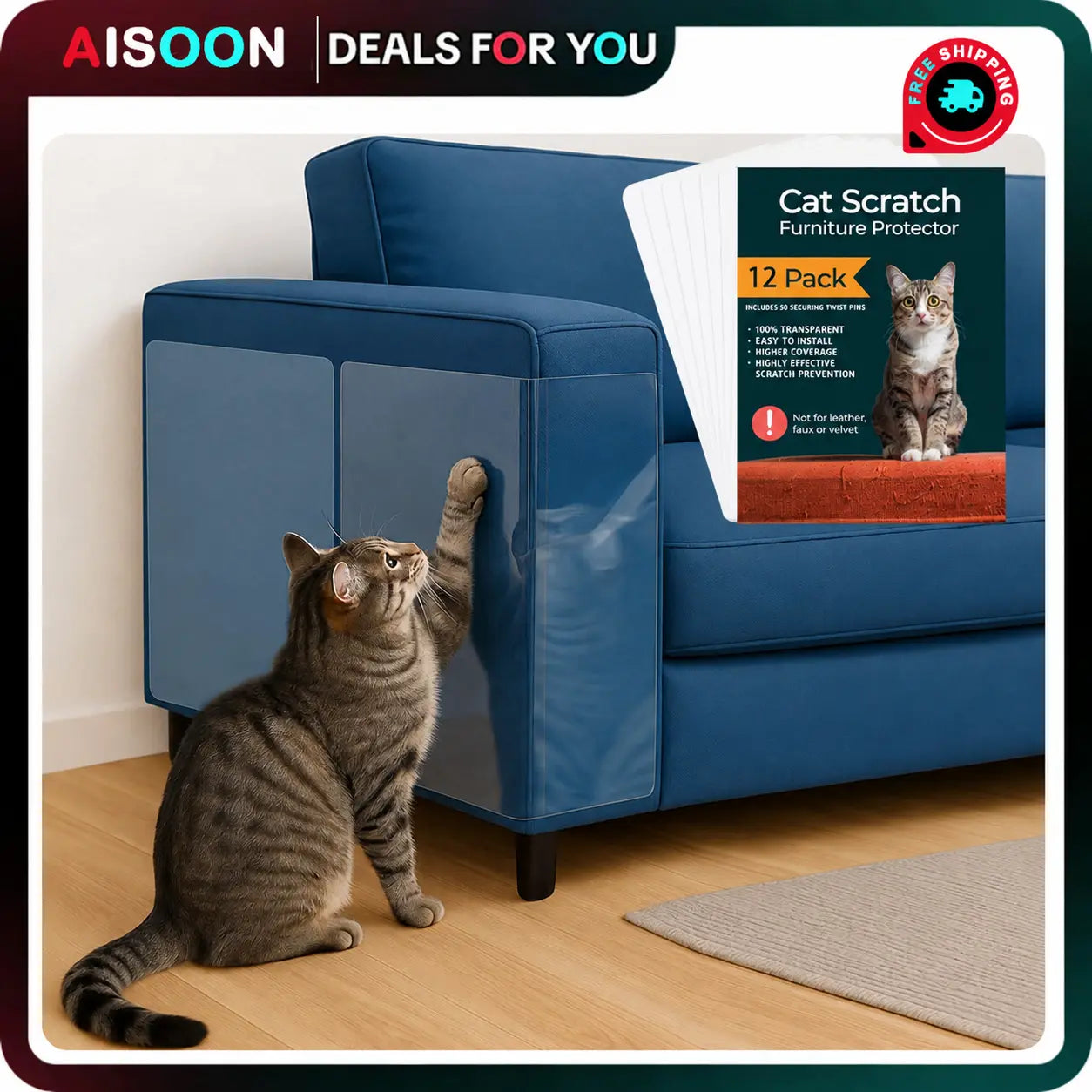 AISOON 12-Pack Anti-Cat Scratch Furniture Protector with 50 Pins, 14x11 Inch Heavy-Duty Shield for Sofa Corners, Walls, and Doors