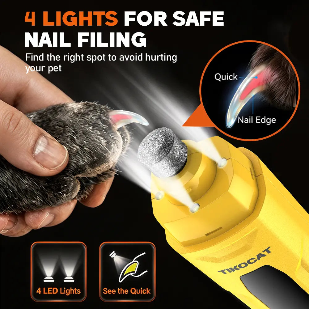 TIKOCAT Ultra Quiet Electric Pet Nail Grinder with LED Lights - Safe and Stress-Free Grooming Tool for Dogs and Cats of All Breeds and Sizes, featuring 3 Grinding Bits, 6 Speed Settings, Rechargeable Design, and Dust Cup (Yellow)
