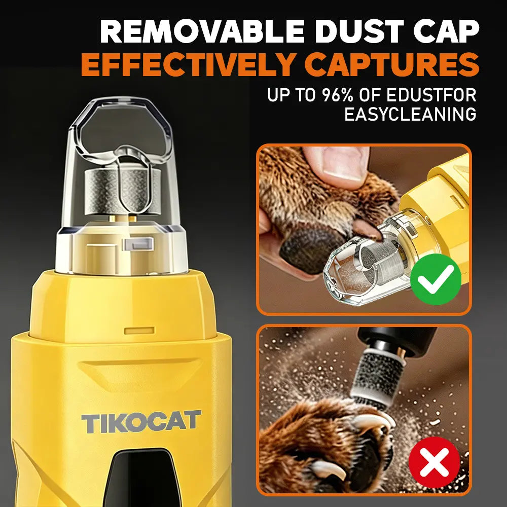 TIKOCAT Ultra Quiet Electric Pet Nail Grinder with LED Lights - Safe and Stress-Free Grooming Tool for Dogs and Cats of All Breeds and Sizes, featuring 3 Grinding Bits, 6 Speed Settings, Rechargeable Design, and Dust Cup (Yellow)
