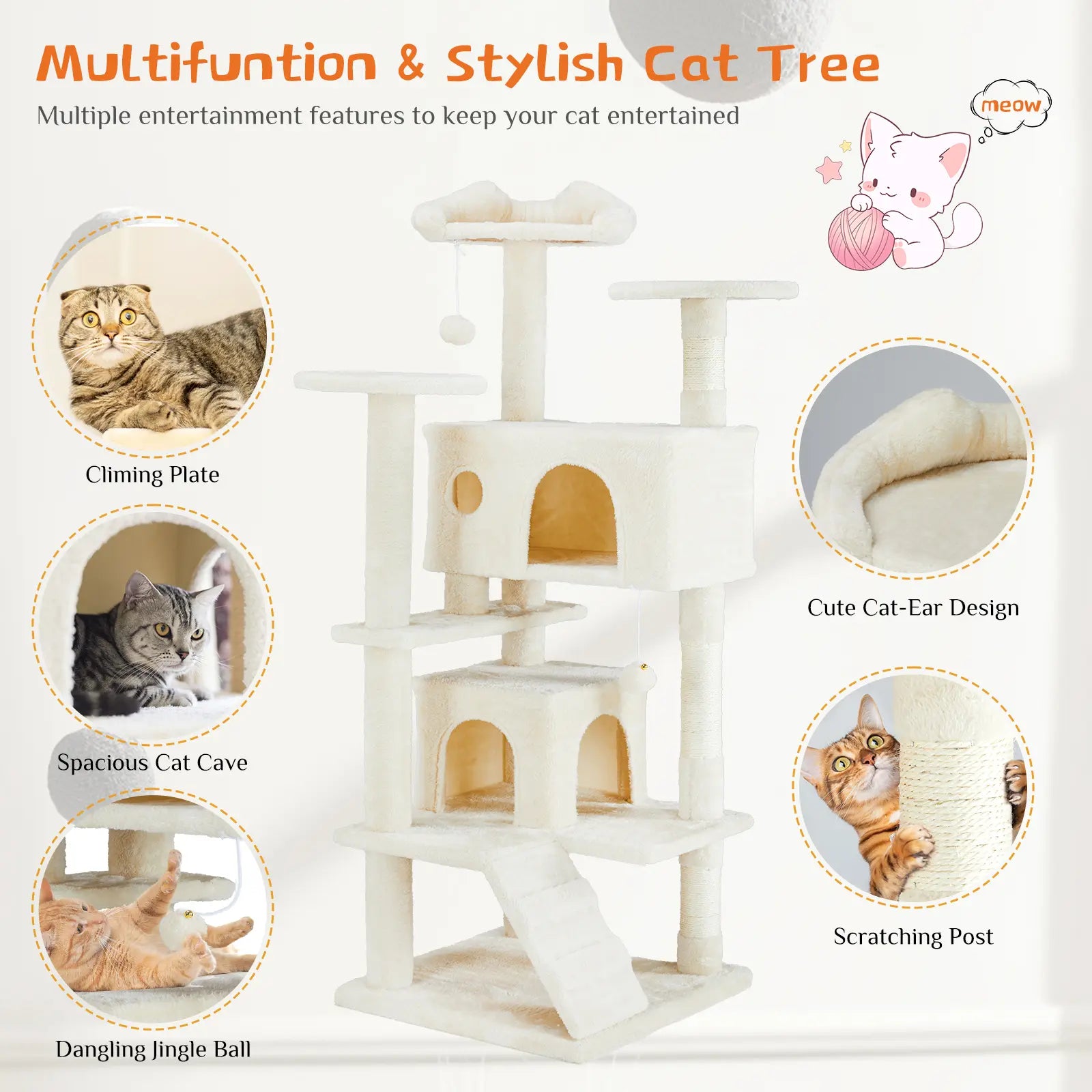 Pettrove Multi-Level Cat Tree Tower for Indoor Cats with Stable Design, Sisal Scratching Post, Spacious Condo, Climbing Ladder, and Plush Toy