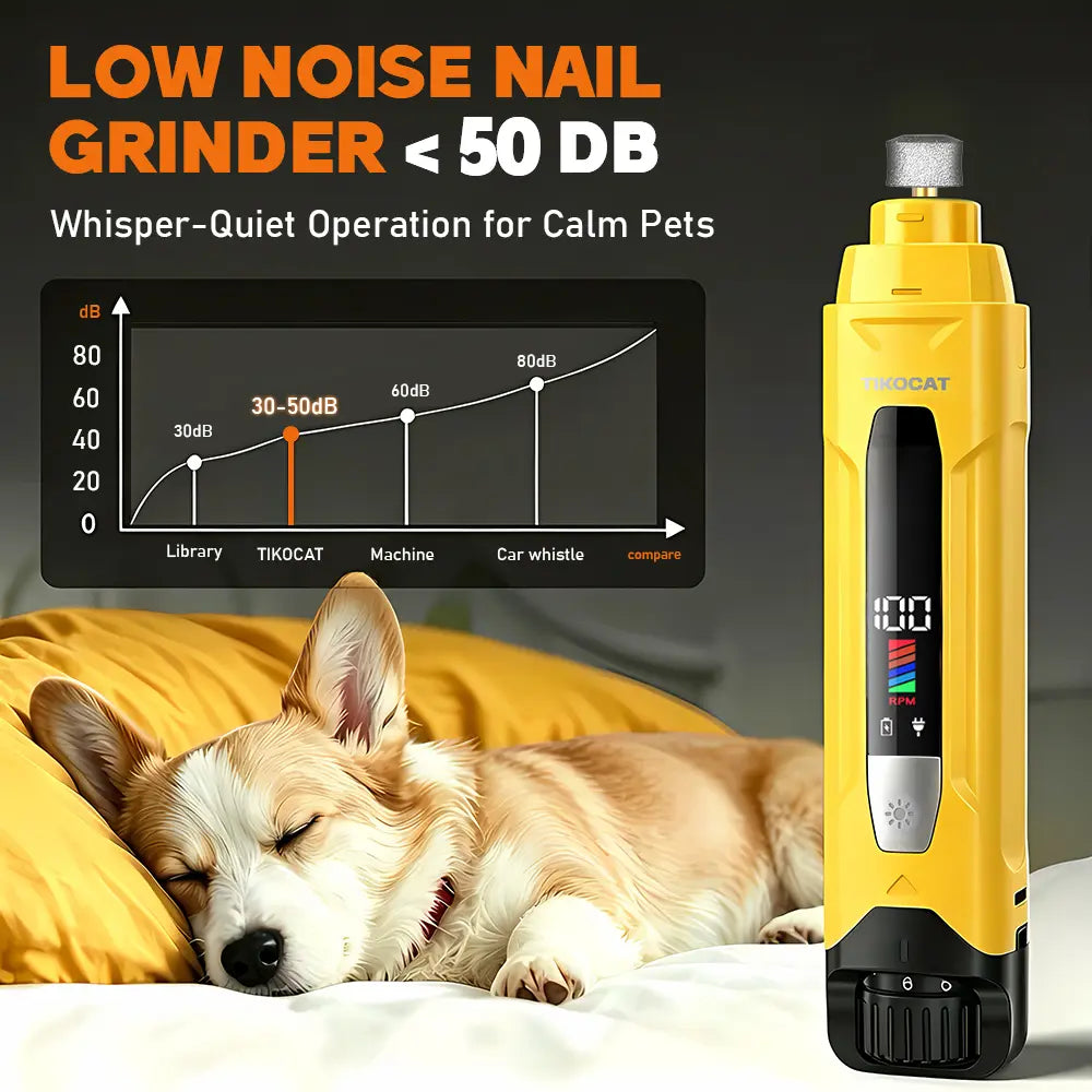 TIKOCAT Ultra Quiet Electric Pet Nail Grinder with LED Lights - Safe and Stress-Free Grooming Tool for Dogs and Cats of All Breeds and Sizes, featuring 3 Grinding Bits, 6 Speed Settings, Rechargeable Design, and Dust Cup (Yellow)