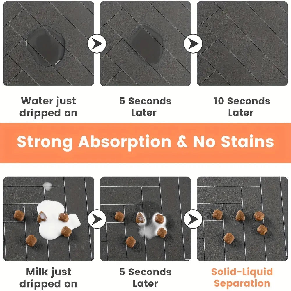 Absorbent Quick-Dry Pet Feeding Mat for Dogs and Cats with Non-Slip Rubber Base and Dark Polyester Surface for Indoor Use