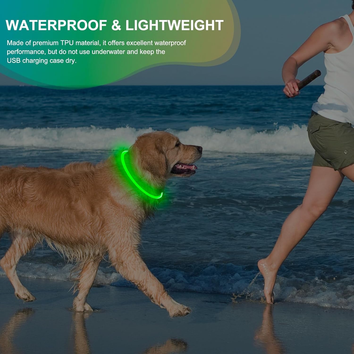 LED Waterproof Dog Collar - Rechargeable Lighted Pet Collar for Nighttime Use, Adjustable TPU Design for Small, Medium, and Large Dogs (Green)